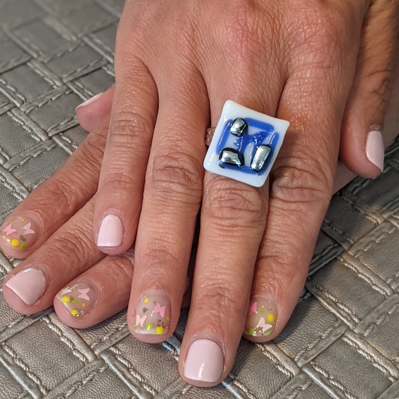 Artisan Handmade Blue, white, and silver abstract statement ring. Adjustable - Picture 3 of 3